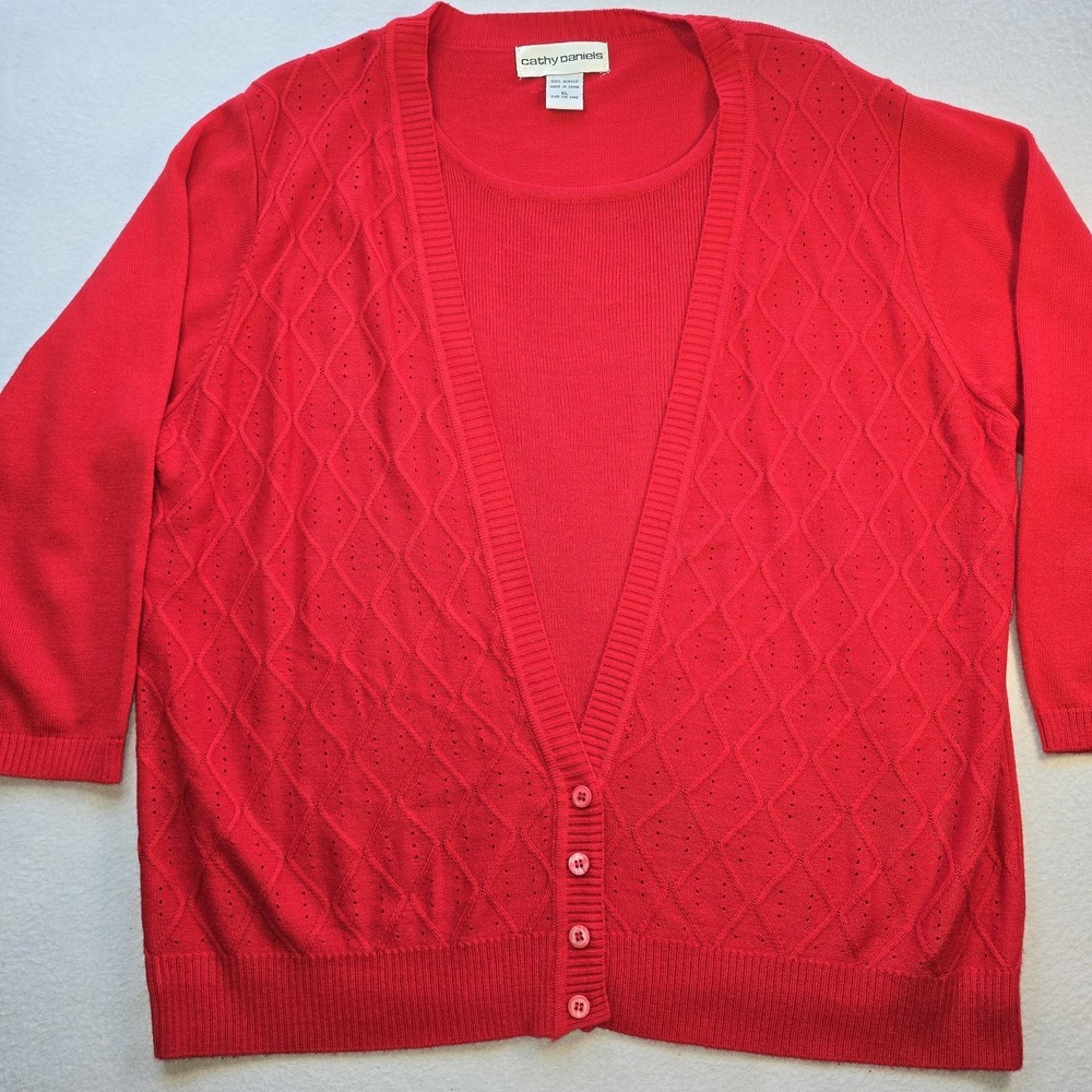 Cathy Daniels Red Pointelle Faux Twinset Sweater Cardigan 2in1 Knit Y2K XL......